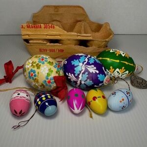 Vintage Czechoslovakian Hand Painted Eggs Christmas Easter Ornaments Lot of 8